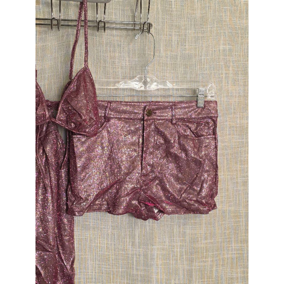 Women's Unbranded 3-Piece Set L Purple pink sparkly Jacket, Top & Shorts - Picture 4 of 12